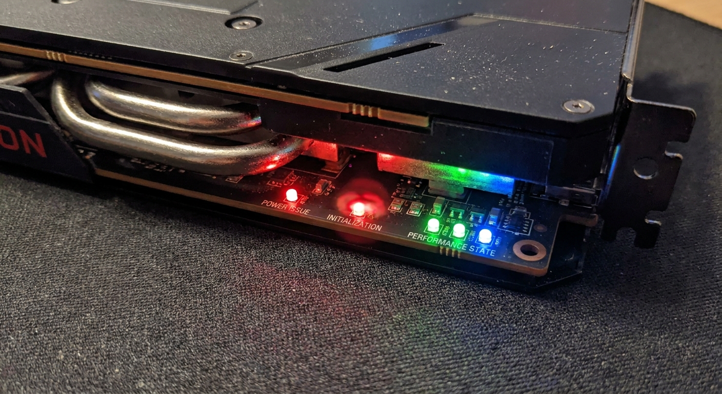 Close-up view of an AMD Radeon graphics card status LEDs