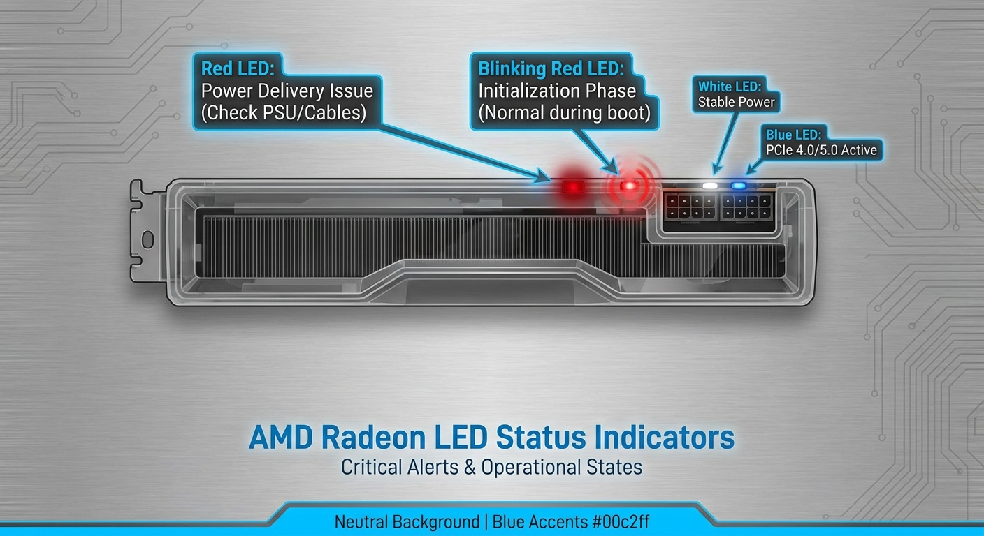 Diagram illustrating LED color codes on AMD Radeon graphics cards