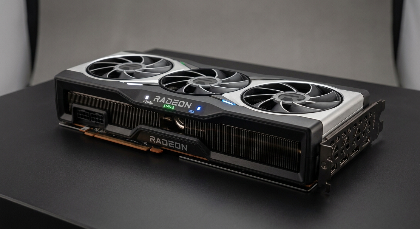 Photorealistic image of AMD Radeon graphics card showing LED indicators