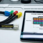 Close-up view of GPU power cable adapter with color-coded connectors and schematic diagram.