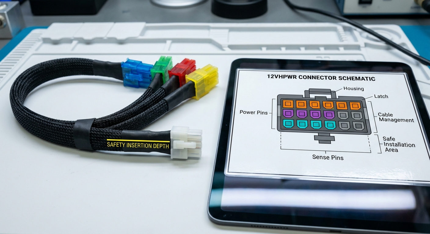 Close-up view of GPU power cable adapter with color-coded connectors and schematic diagram.