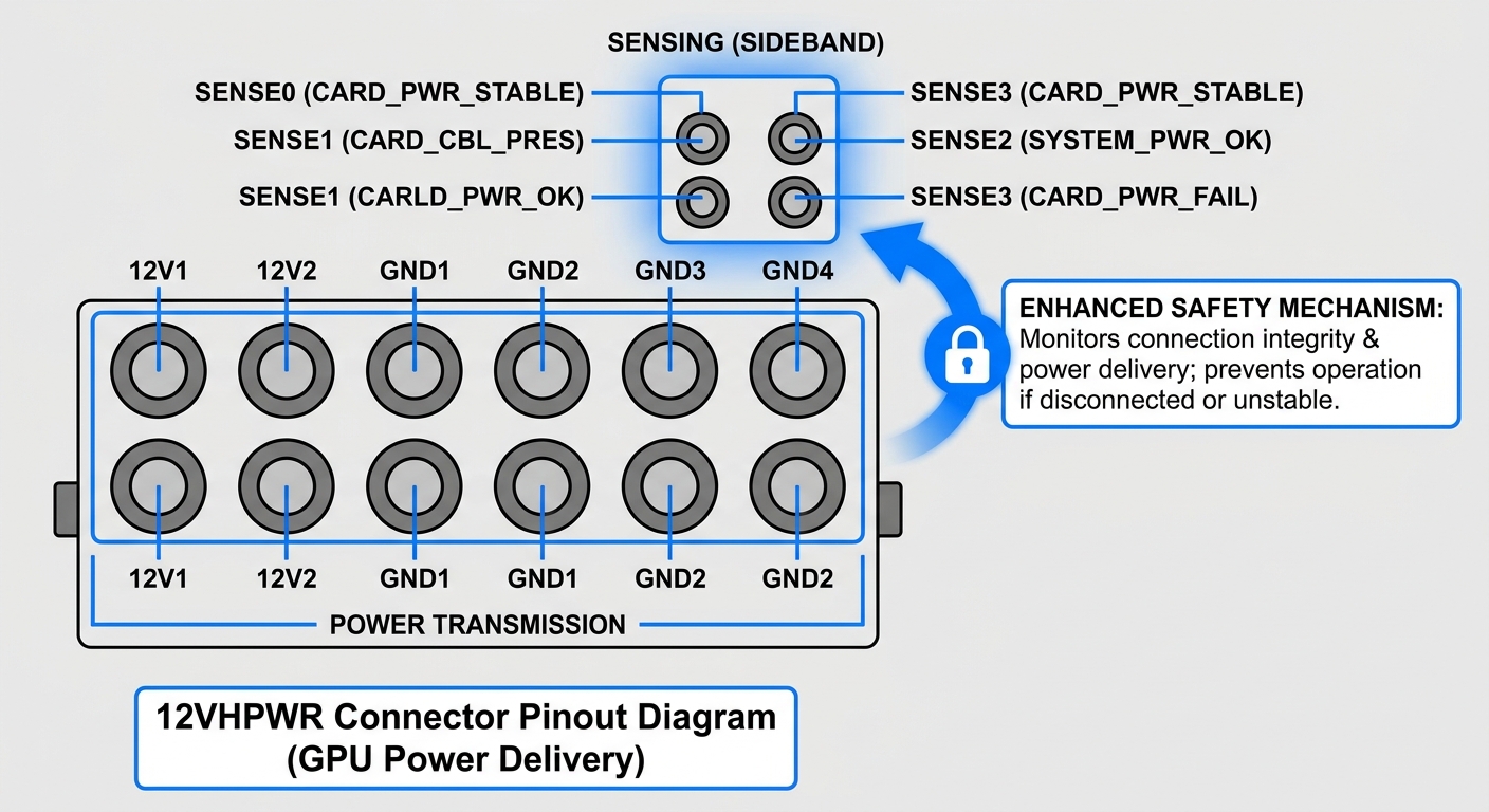 Diagram of the 12VHPWR connector pinout for GPU power delivery.