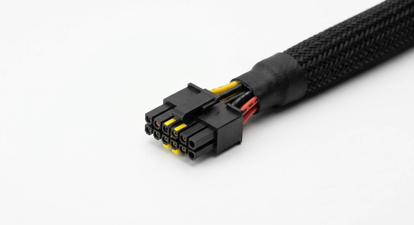 Photorealistic image of a 12VHPWR GPU power connector and cable.