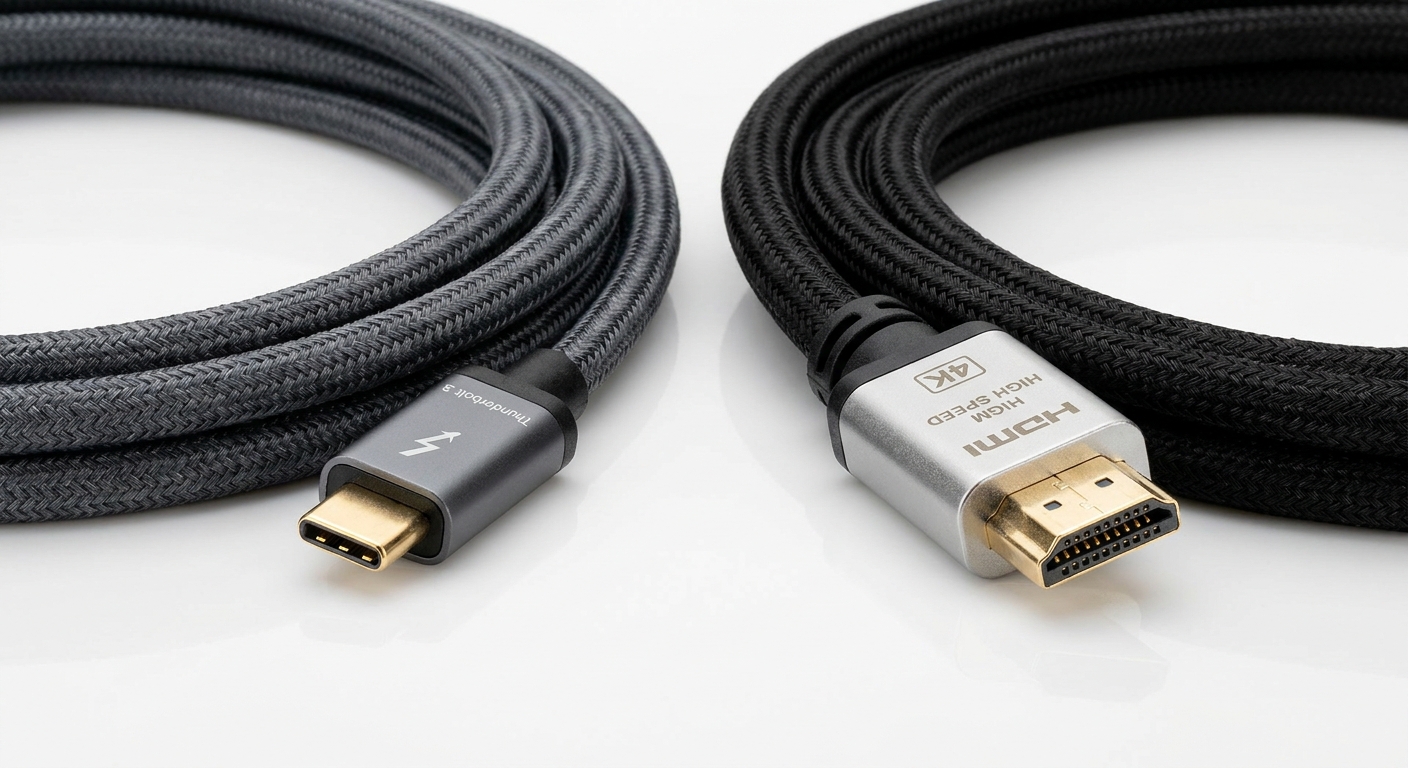 Photorealistic image of Thunderbolt 3 and HDMI cables