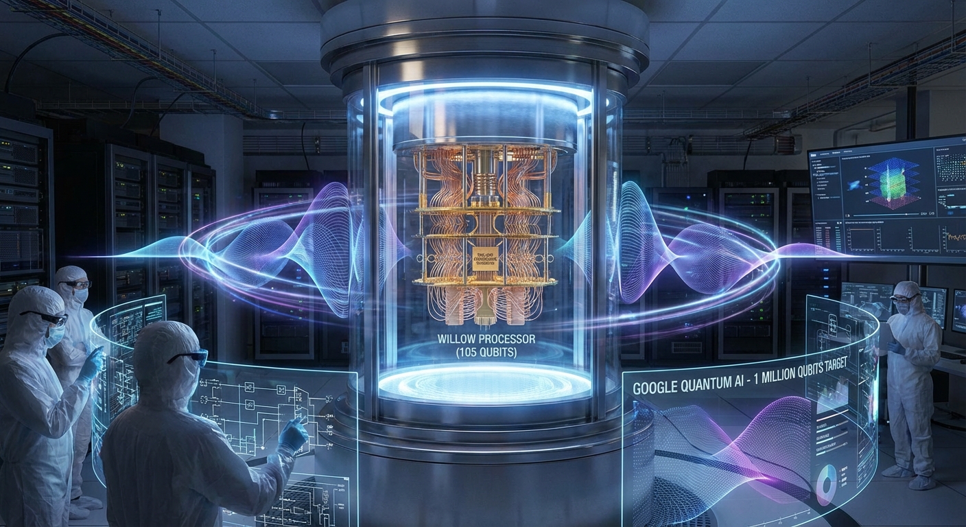 Illustration of Google’s 105-qubit Willow processor in a high-tech quantum computing lab