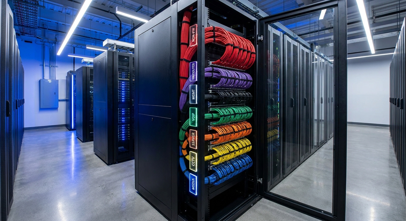 Organized data center with color-coded DAC cables