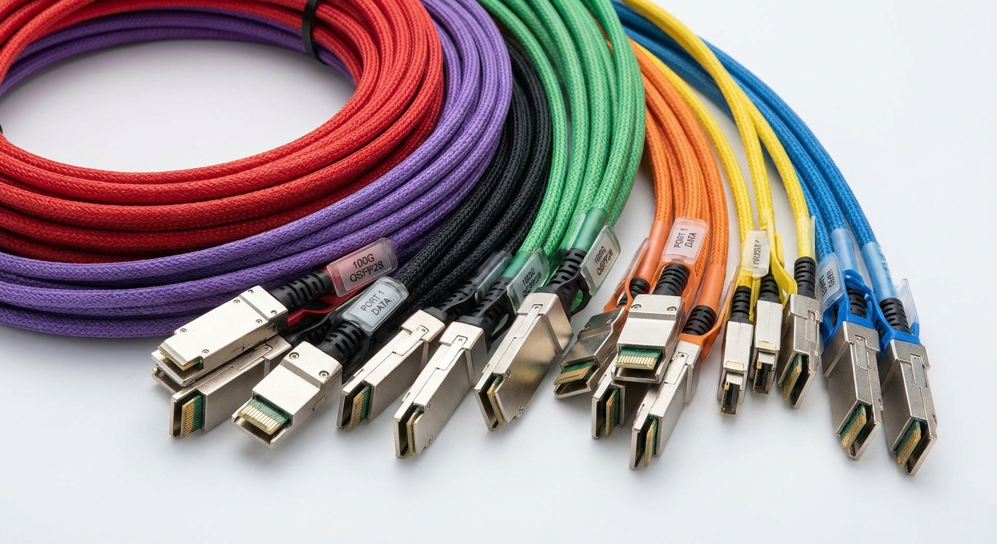 Photorealistic image of DAC cables in various colors