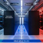 Data center layout showing hot and cold aisle configurations with color coding