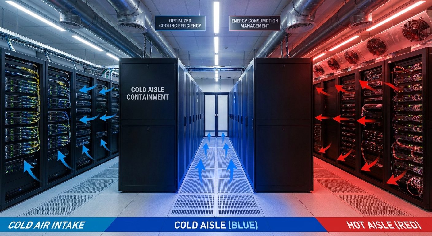 Data center layout showing hot and cold aisle configurations with color coding