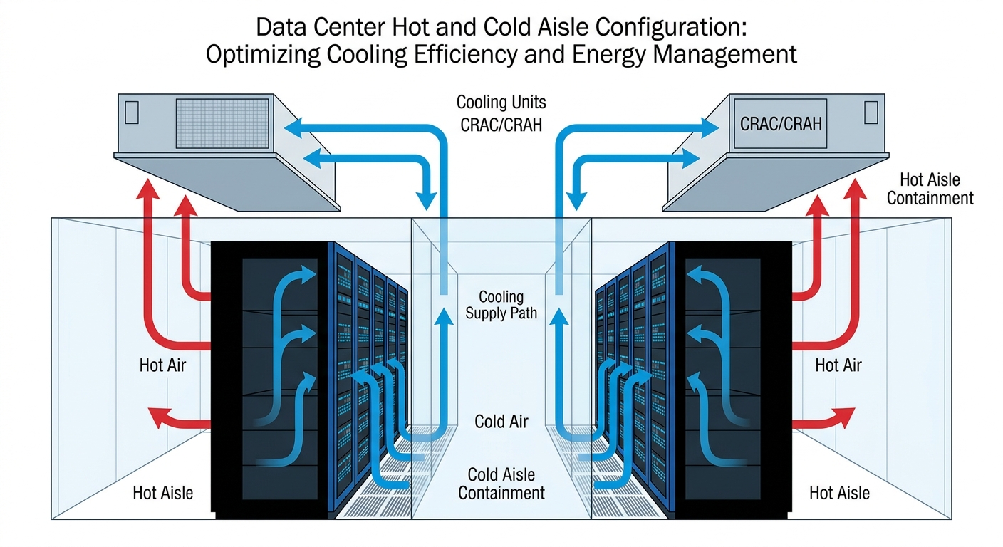 Diagram showing hot aisle and cold aisle configurations in a data center