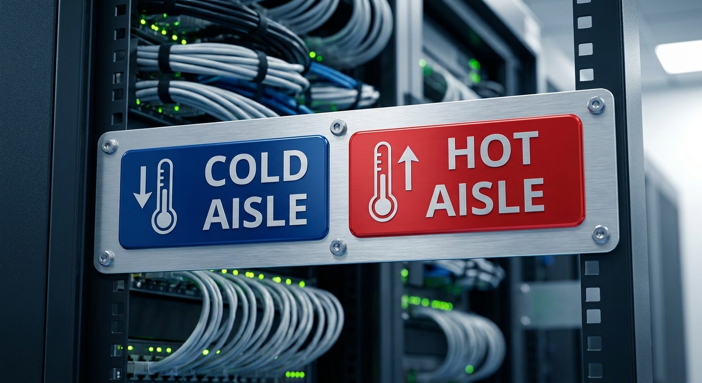 Photorealistic image of color-coded aisle signage in a data center