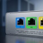 Close-up of Ethernet switch showcasing colored ports.