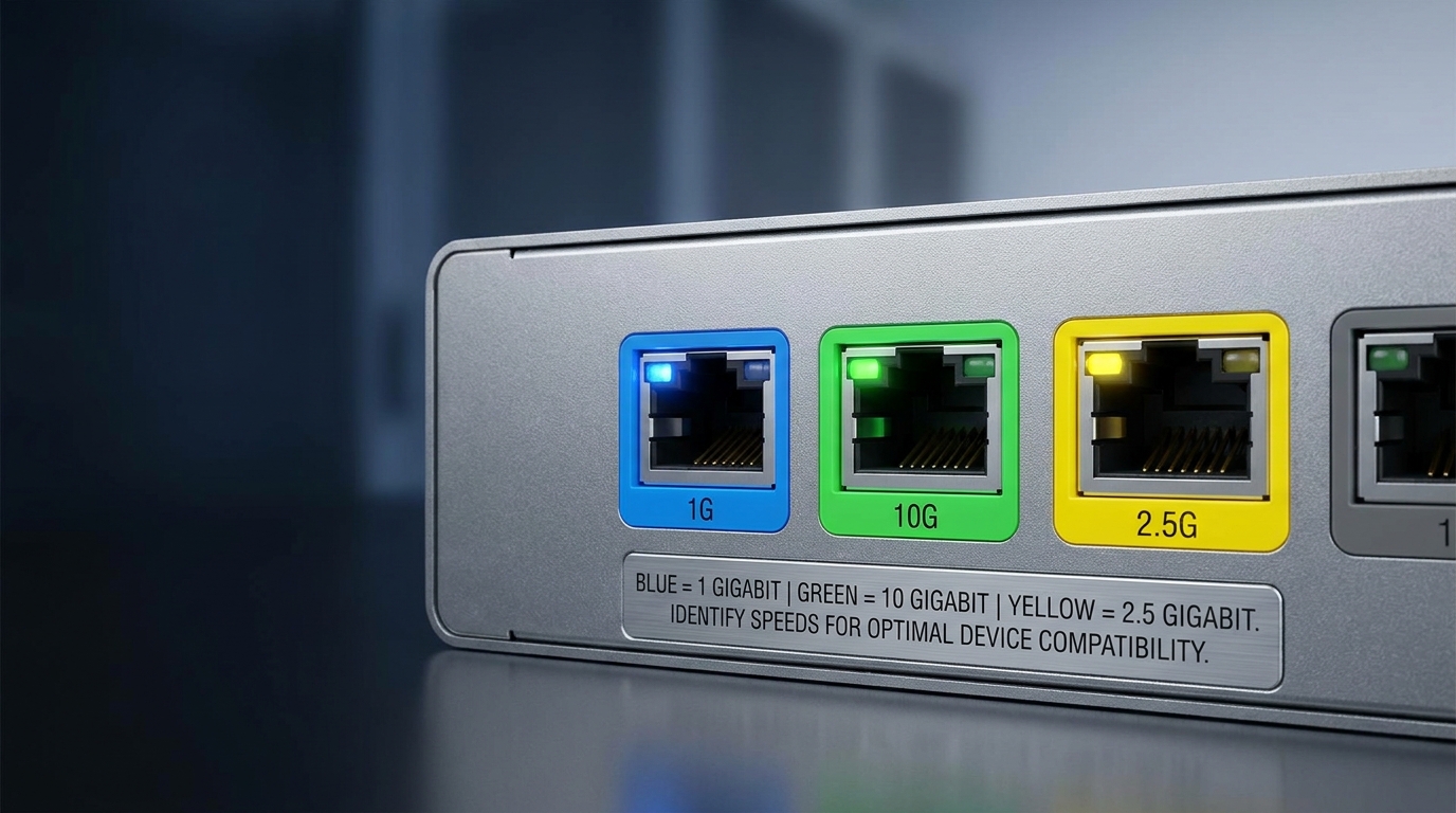Close-up of Ethernet switch showcasing colored ports.