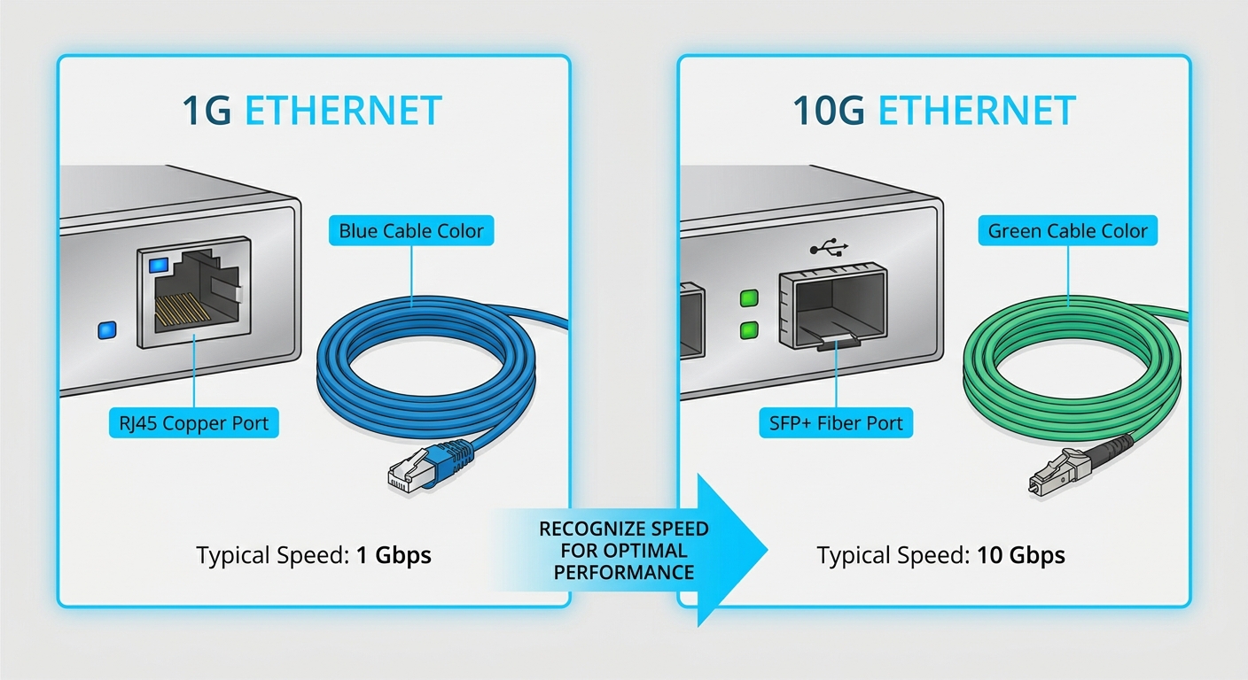 Diagram comparing 1G and 10G Ethernet ports with labeled components