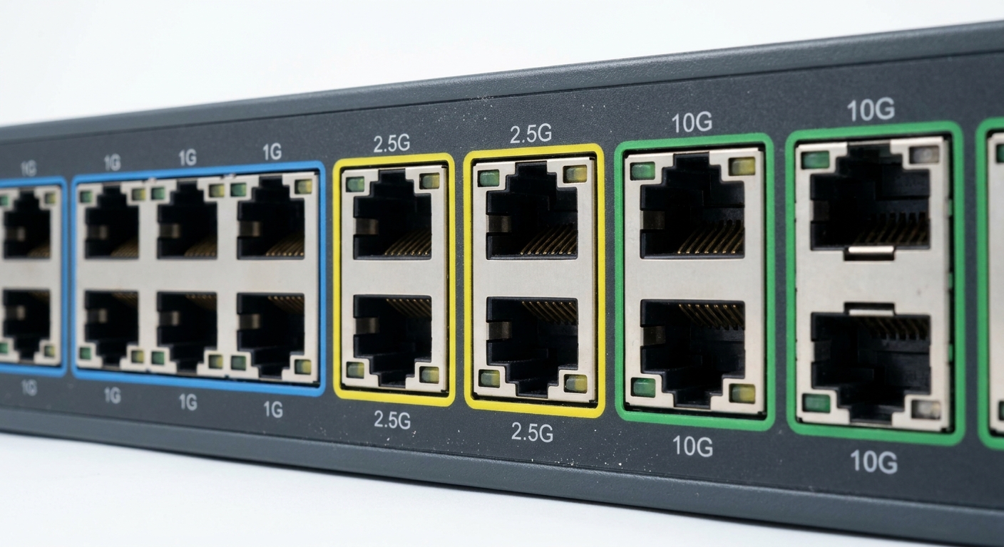 Photograph of Ethernet ports showing 1G, 2.5G, and 10G connections