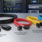 A close-up comparison of SAS and SATA cable types with color coding.