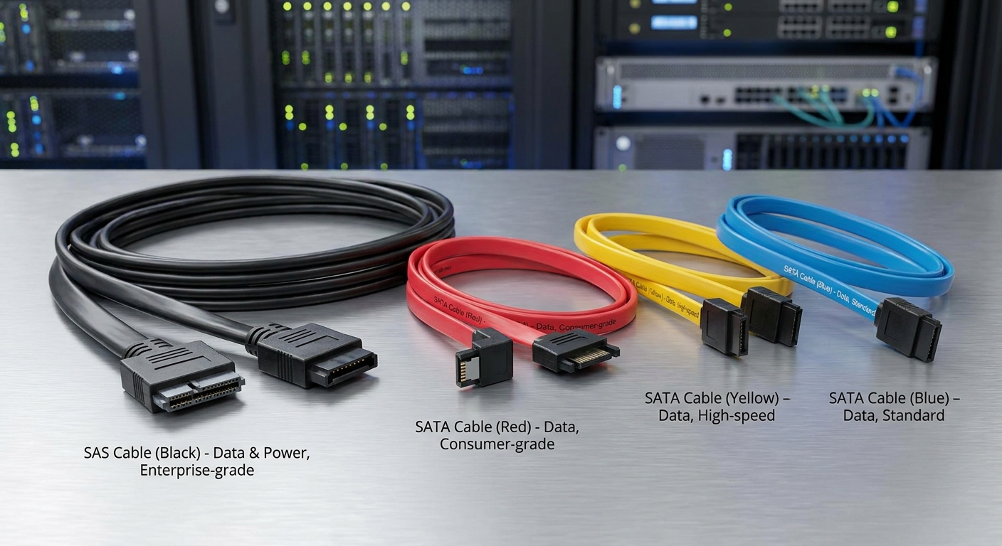 A close-up comparison of SAS and SATA cable types with color coding.