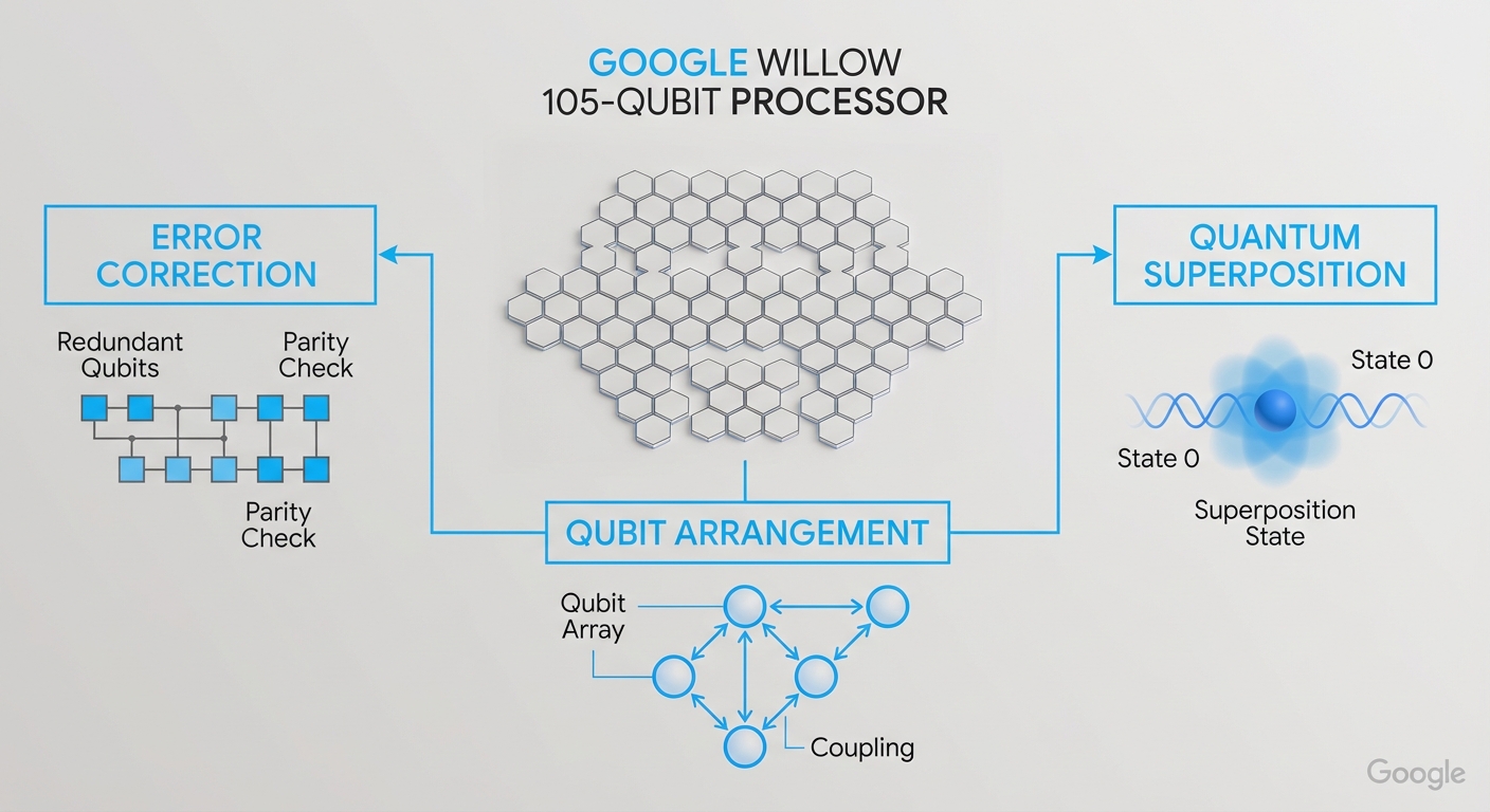 Educational diagram of Google’s 105-qubit Willow quantum processor showing qubit arrangement and error correction.