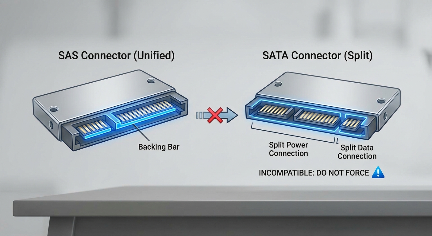 Diagram showing physical differences between SAS and SATA connectors