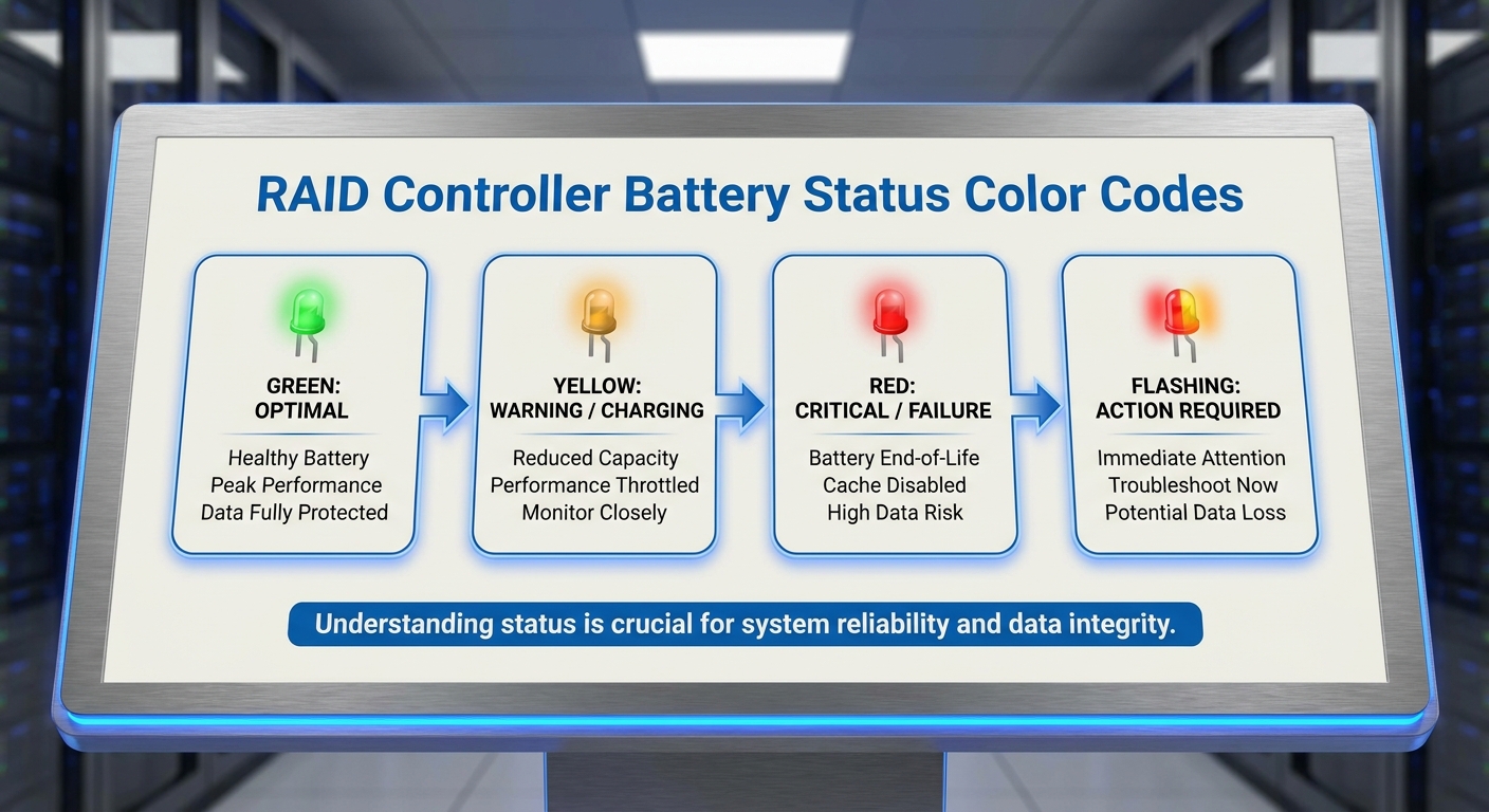 Diagram showing RAID controller battery status color codes: green, yellow, red, and flashing indicators
