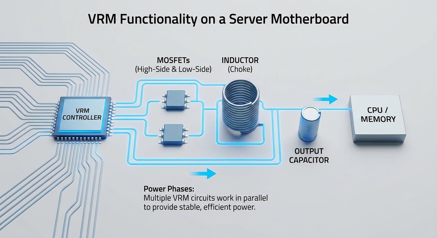 Diagram showing components of a VRM including controller, inductors, and MOSFETs.