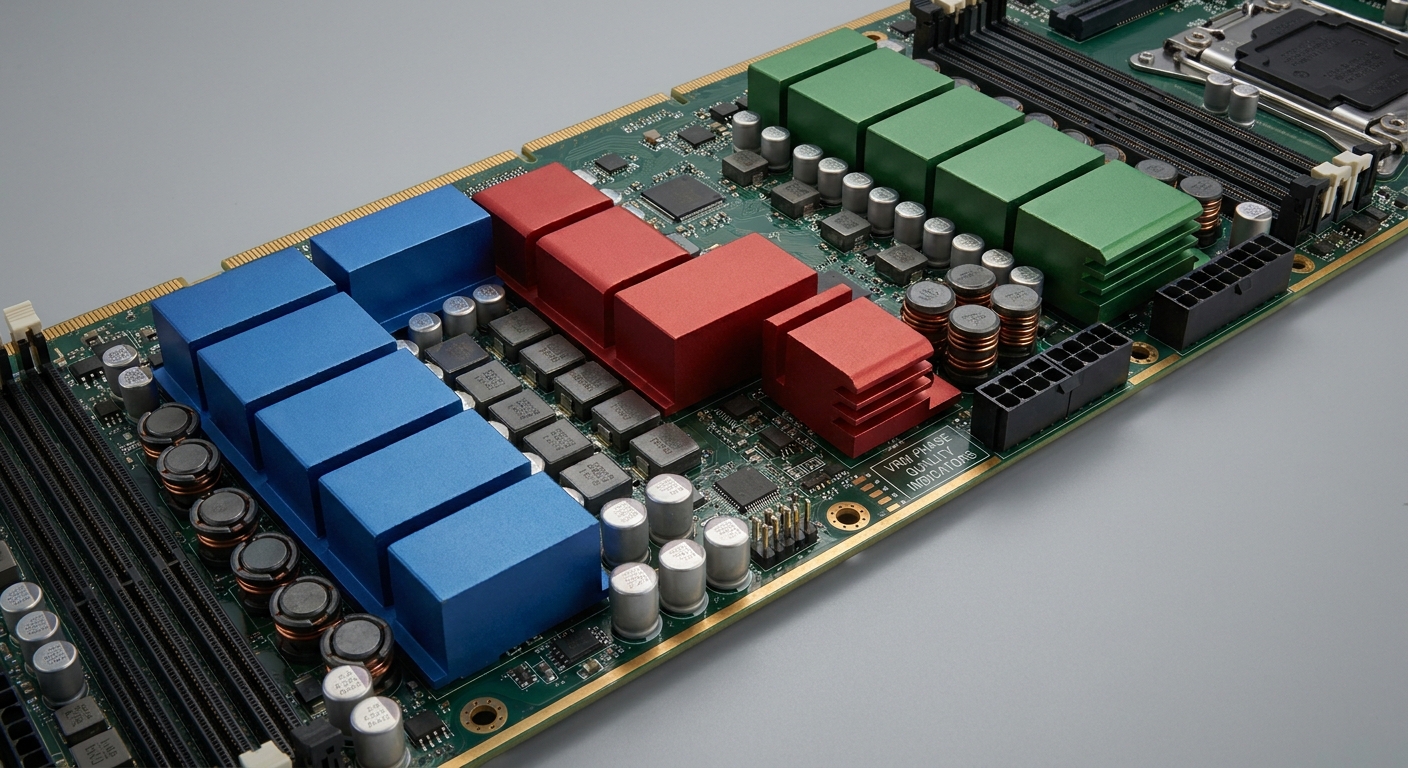 Photorealistic image of a server motherboard highlighting VRM area and color-coded phases.