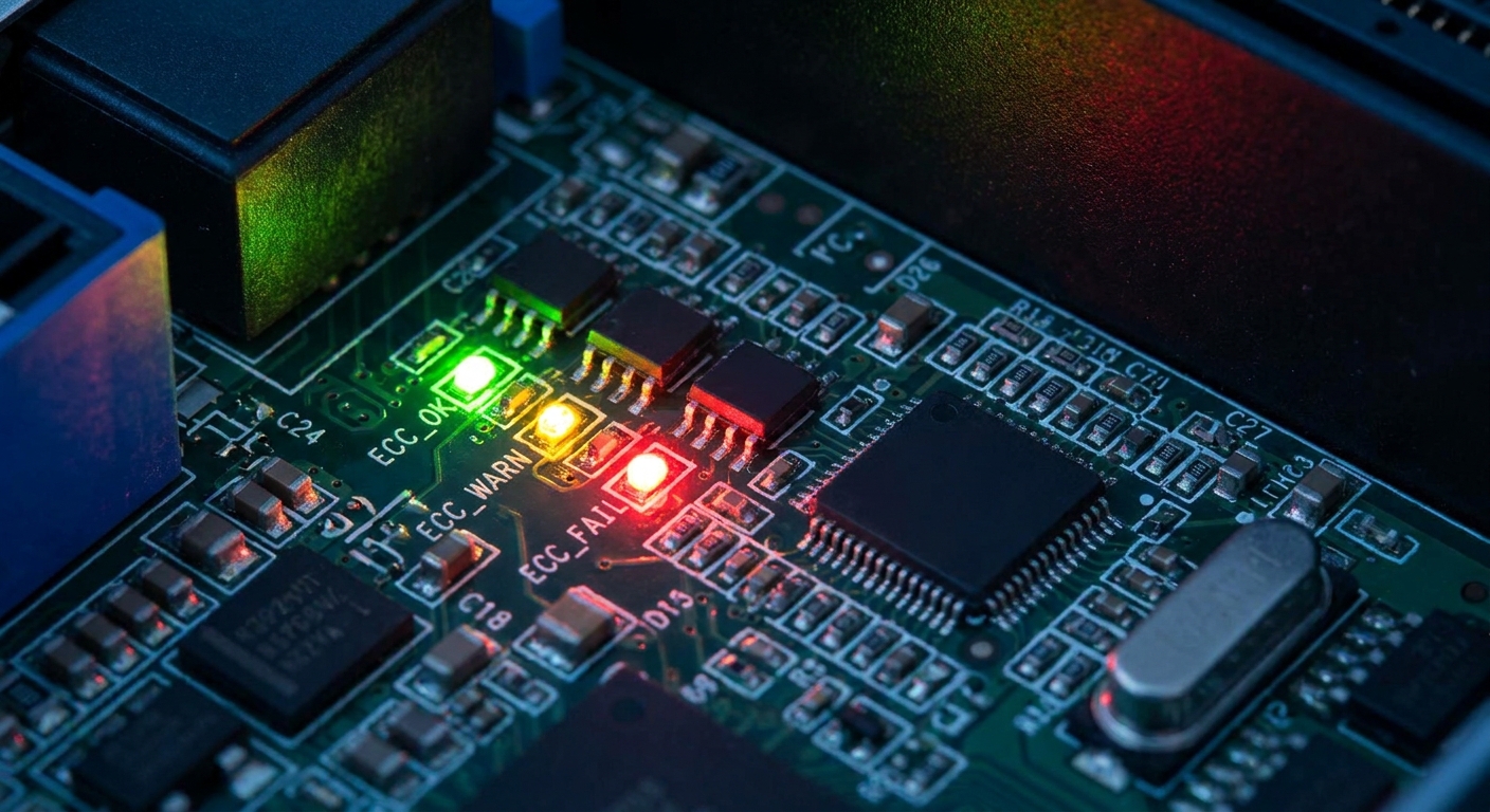 Diagnostic LEDs showcasing ECC memory light colors: green, yellow, and red