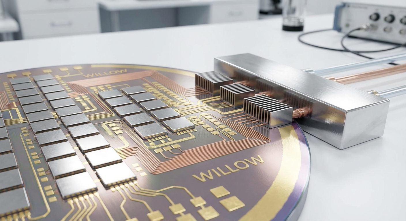 Macro photography of a section of Google's Willow quantum processor showcasing qubits and circuitry.