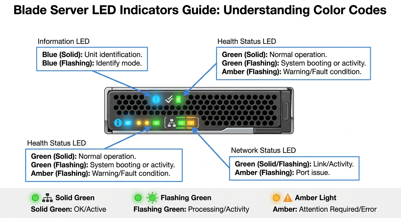 Diagram showing LED indicators on a blade server with color codes and meanings