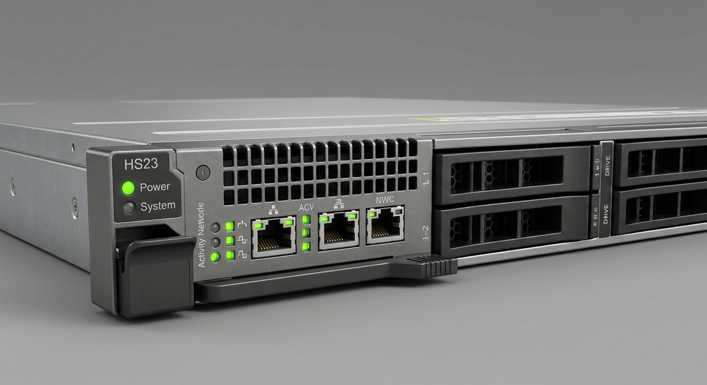 Photorealistic image of a Lenovo BladeCenter HS23 blade server showing LED indicators