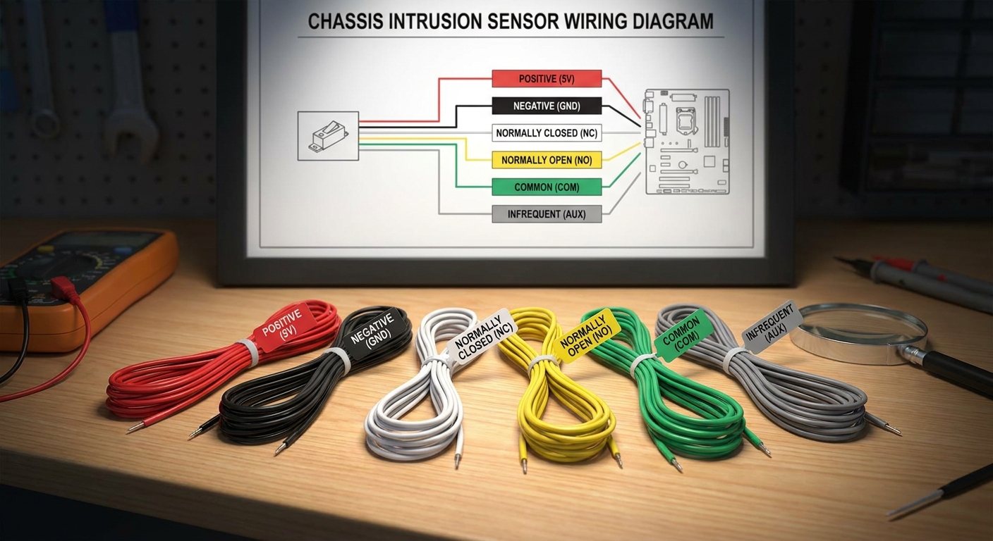 Color-coded wires for chassis intrusion sensors on a workbench