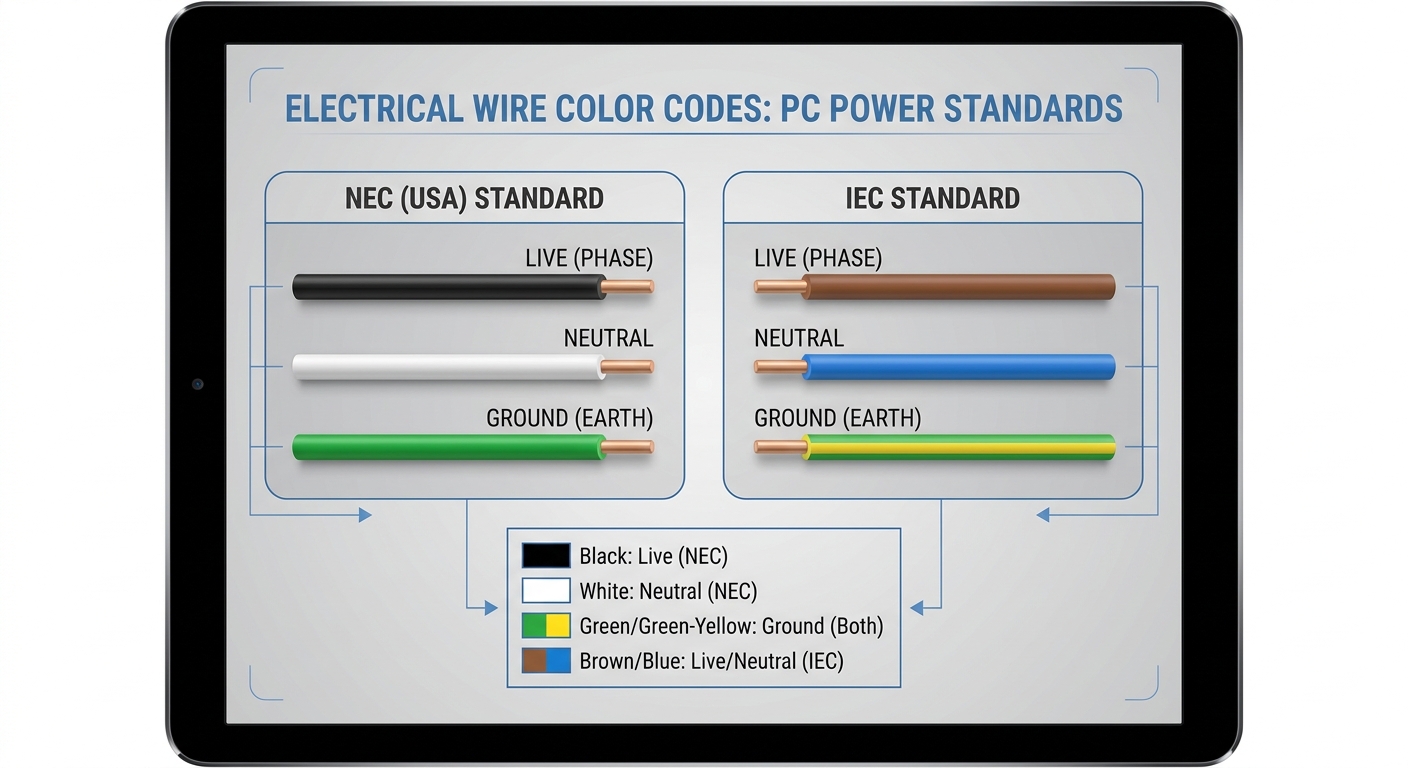 Educational diagram of wire color codes for NEC and IEC standards