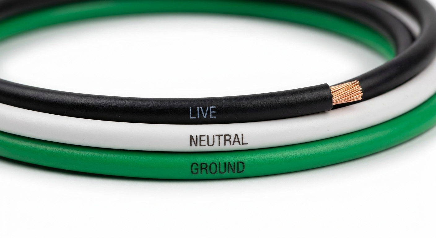 Photorealistic image of electrical wires in standard color codes