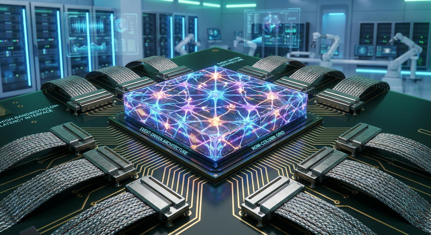 Futuristic circuit board with a neuromorphic chip and custom connectors