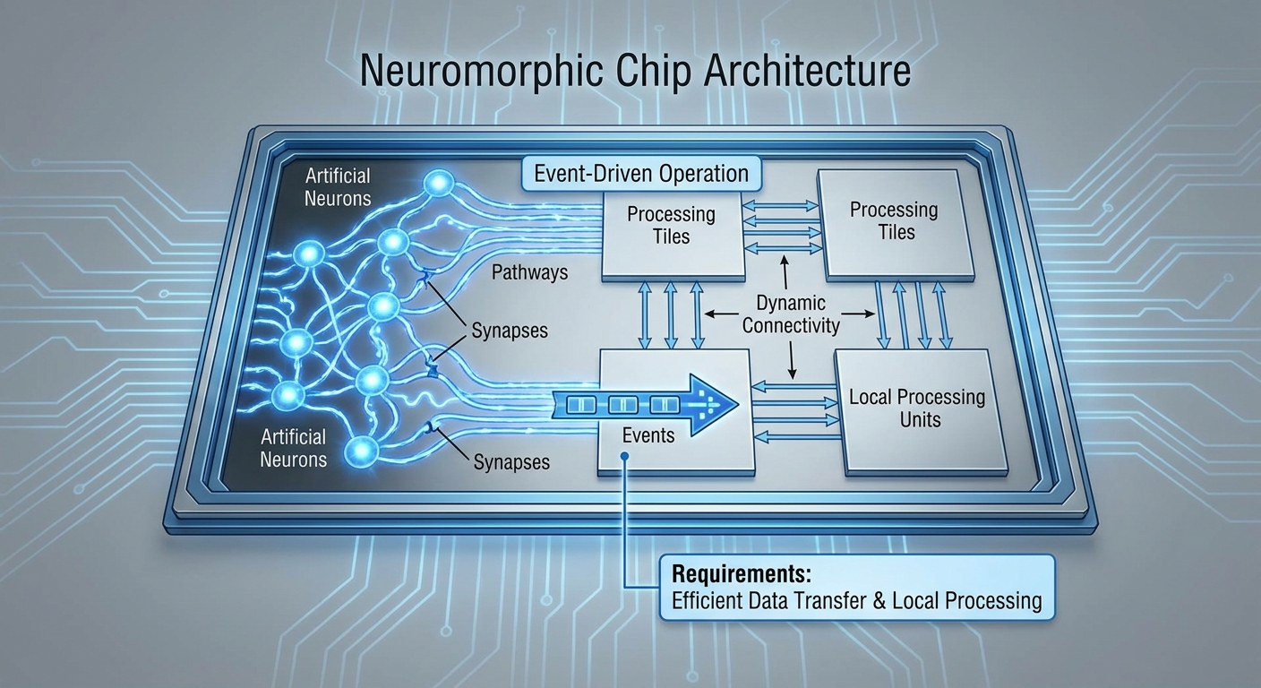 Diagram illustrating the architecture of a neuromorphic chip with labeled components.