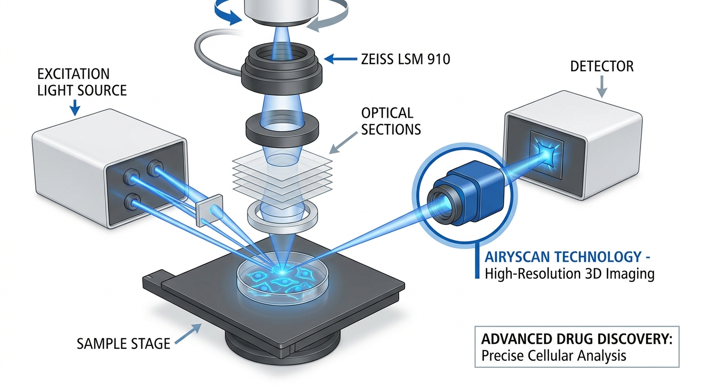 Diagram of the ZEISS LSM 910 confocal microscope showing labeled components and Airyscan technology.