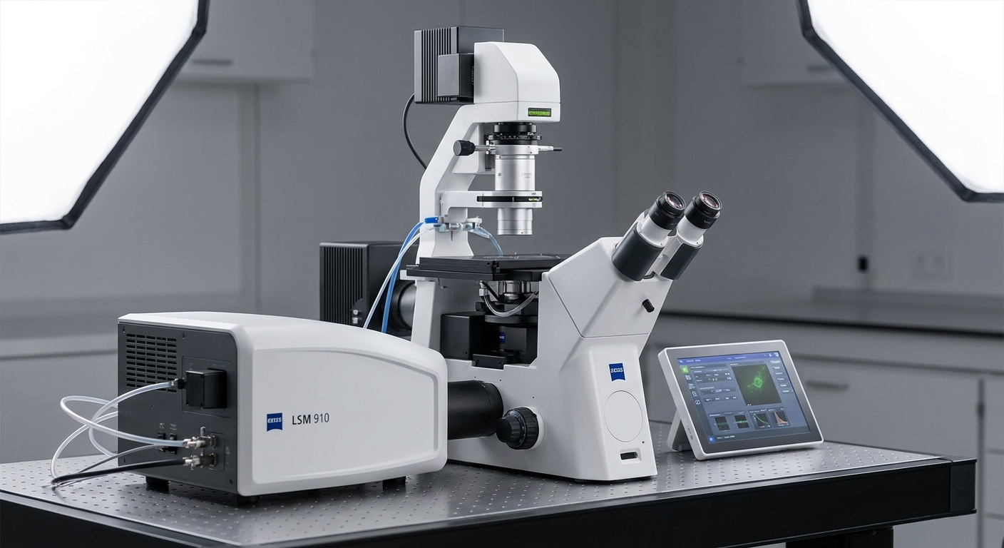 Photorealistic image of the ZEISS LSM 910 confocal microscope in a laboratory environment.