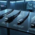 A display of various USB cable types and their specifications.