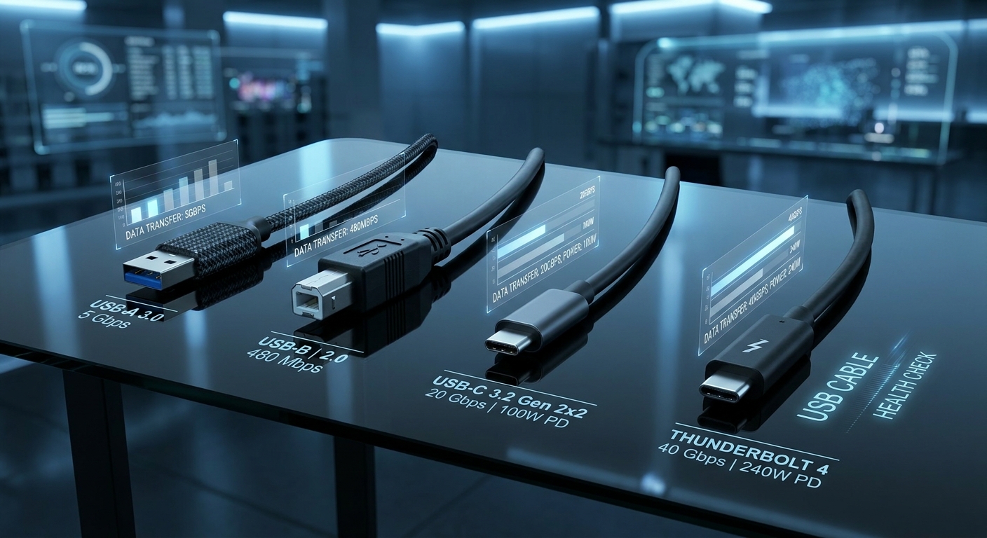 A display of various USB cable types and their specifications.