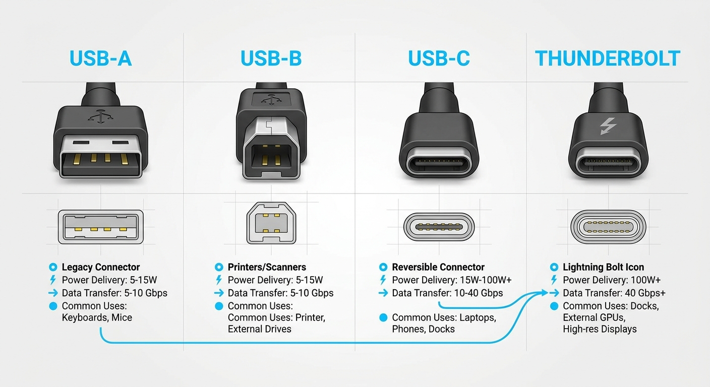 Diagram of USB cable types with specifications