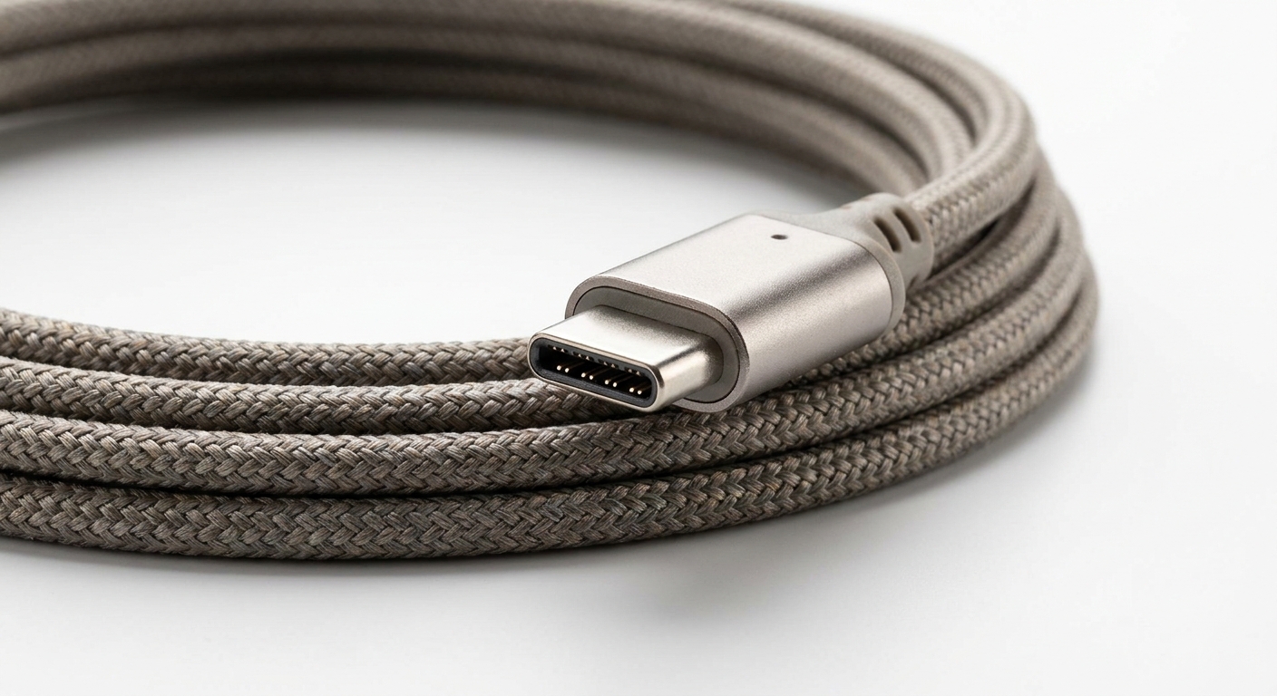 Close-up of a USB-C cable on a white background