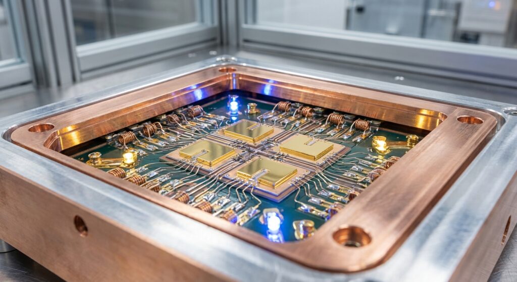 Macro photography of a section of Google's Willow quantum processor showcasing qubits and circuitry.