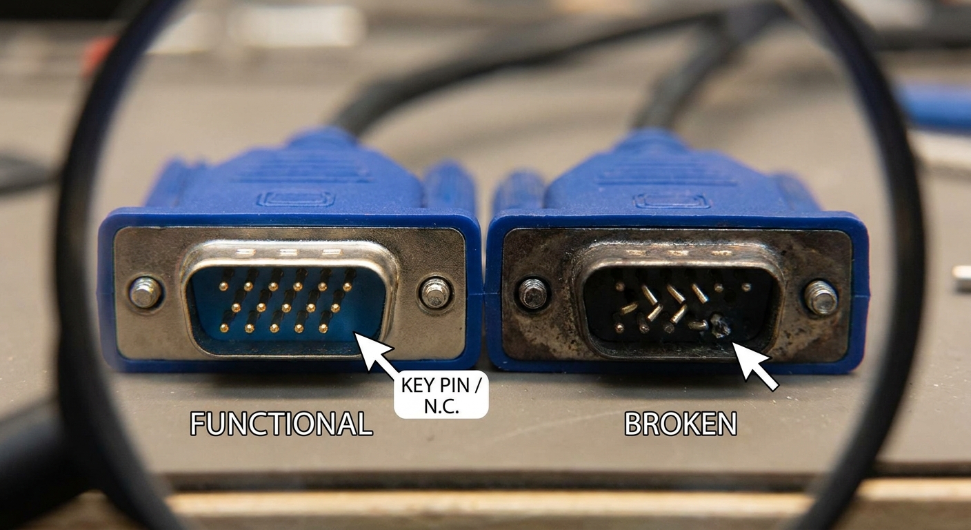 Close-up of VGA connector highlighting pin configurations and missing pins