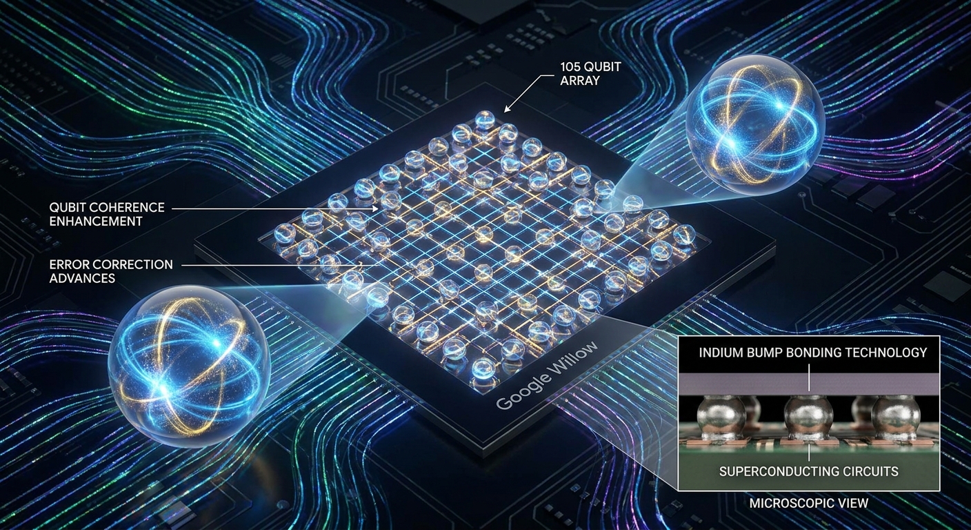 A detailed view of the Google Willow quantum processor with focus on qubits and indium bump bonding technology.