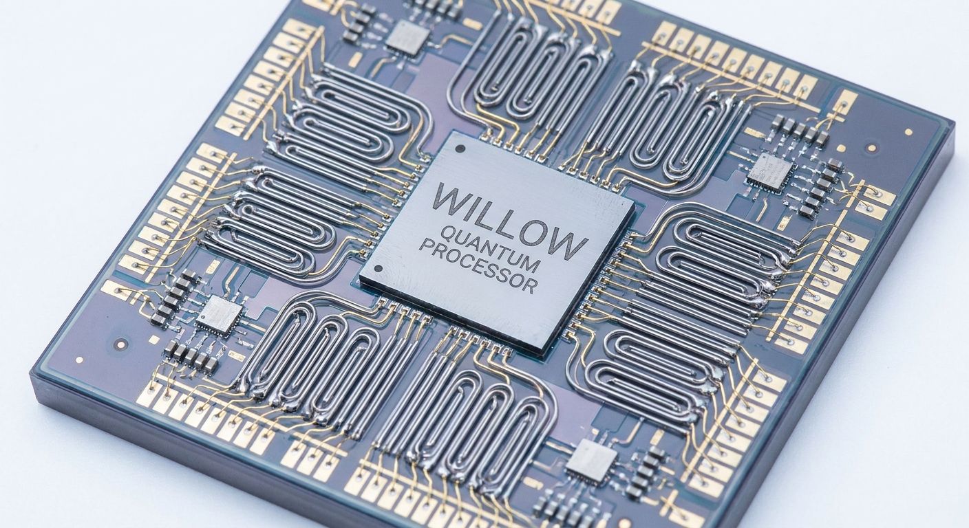 Photorealistic image of the Willow quantum computing chip