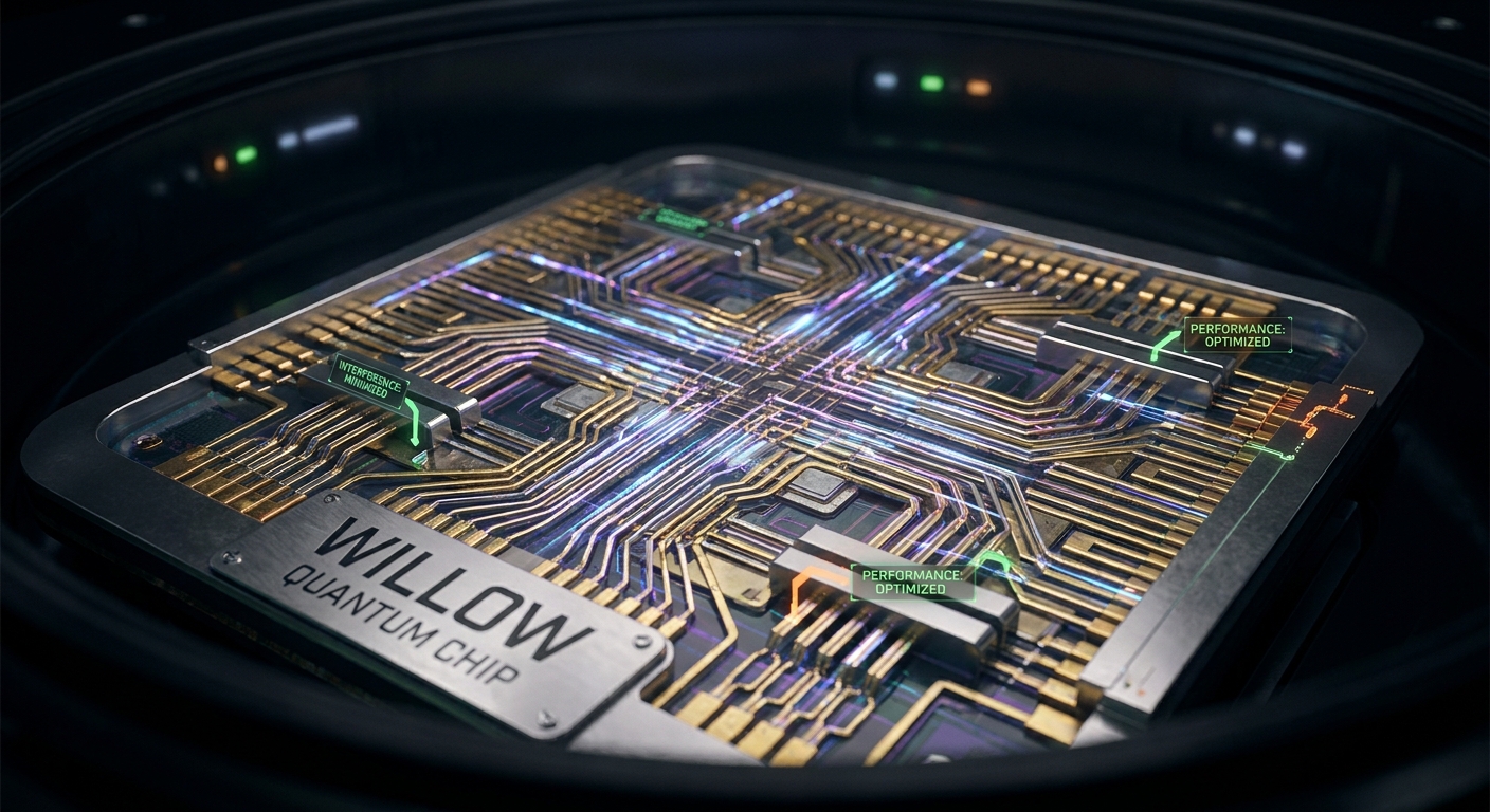 Close-up of the Willow Quantum Chip's wiring with optimized qubit placement.