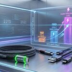 Illustration of USB cables with specifications on power and speed advancements.