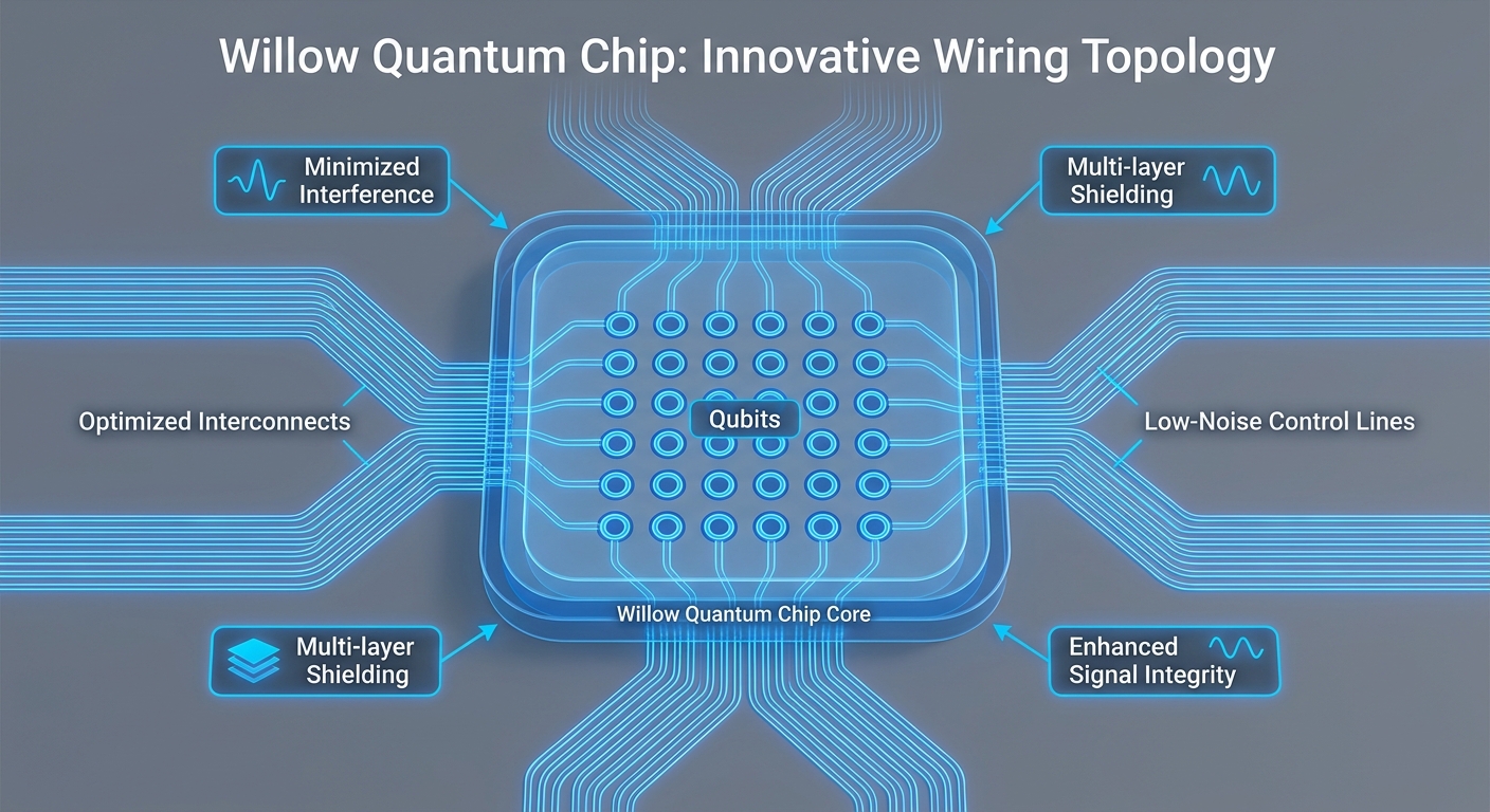 Diagram of Willow Quantum Chip wiring topology showing qubit placements and shielding