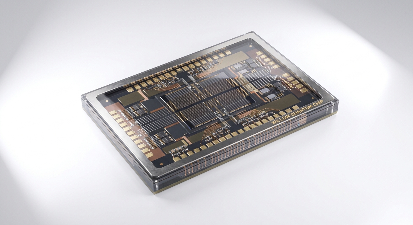 Photorealistic image of the Willow Quantum Chip showcasing its wiring and design