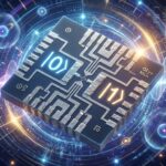 Illustration of a superconducting qubit chip design with a futuristic background